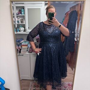 Mac Duggal Navy Sequin Midi Dress